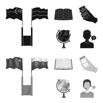 Two flags, a book for the blind, a hand with a phone with translated text, a Stock Illustration