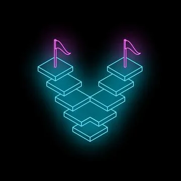 Two flags reaching the top of isometric neon stairs on a black background Stock Illustration