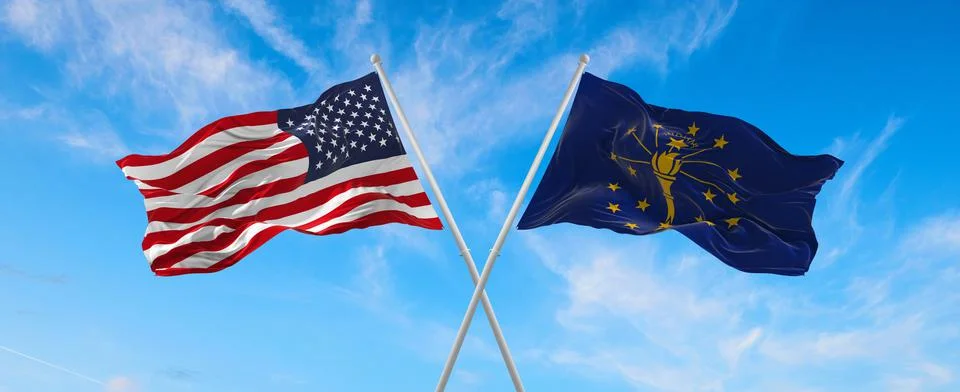 Two flags of USA and state of Indiana waving in the wind on flagpoles against Stock Illustration