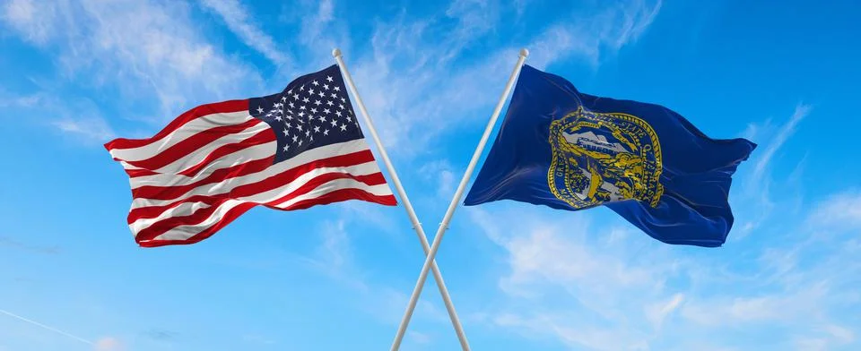 Two flags of USA and state of Nebraska waving in the wind on flagpoles agains Stock Illustration