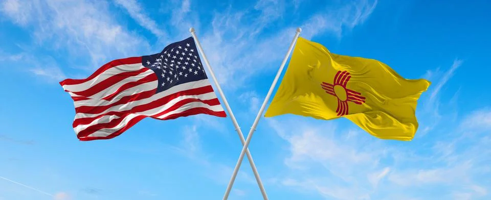 Two flags of USA and state of New Mexico waving in the wind on flagpoles agai Stock Illustration