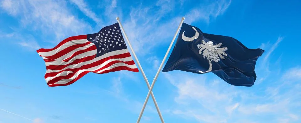 Two flags of USA and state of South Carolina waving in the wind on flagpoles  Stock Illustration
