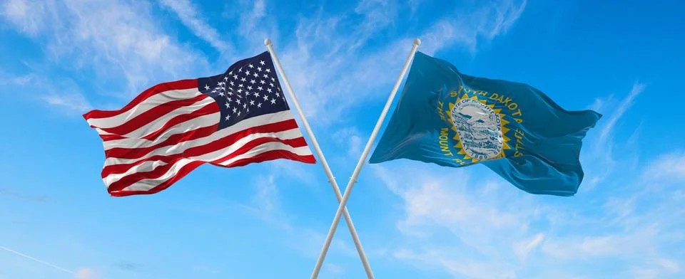 Two flags of USA and state of South Dakota waving in the wind on flagpoles ag Stock Illustration