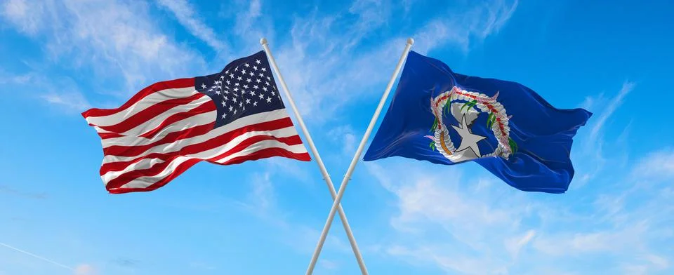 Two flags of USA and state of the Northern Mariana Islands waving in the wind Stock Illustration