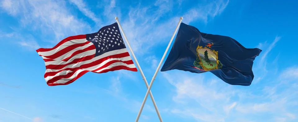 Two flags of USA and state of Vermont waving in the wind on flagpoles against Stock Illustration