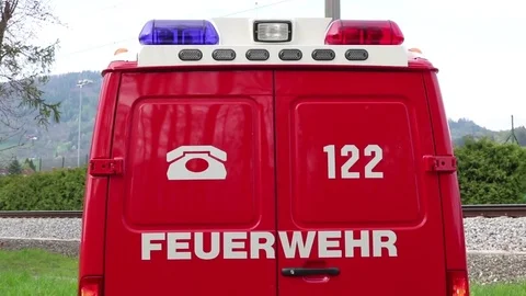 Two flashing blue lights on a fire truck. Cal 122. Austria. Fire truck. Stockbeeldmateriaal 75156602