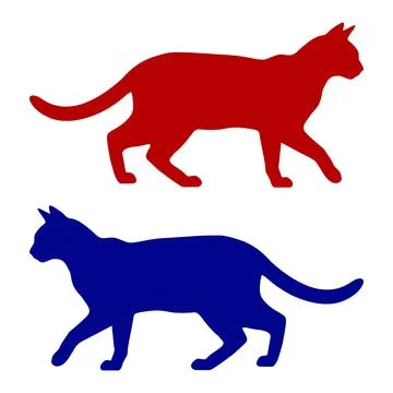 Two flat cat silhouettes walking, one red cat and one blue cat isolated on .. Ilustração Stock