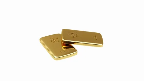 Two flat golden bars rotating, 3D render. Видео 335125888