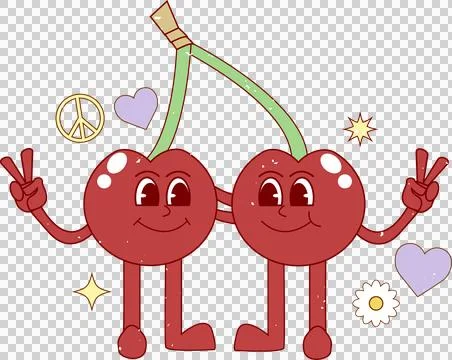 Two flat smiling cherries are displaying peace sign, hearts, stars, daisy on Stock Illustration