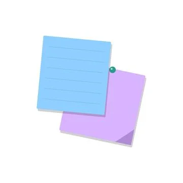 Two flat sticky notes, one light blue with lines, one purple, attached with.. Stock Illustration