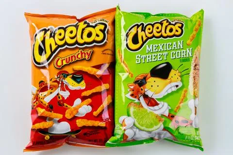 Two flavors of snack include crunchy and Mexican street corn varieties Stock Photos