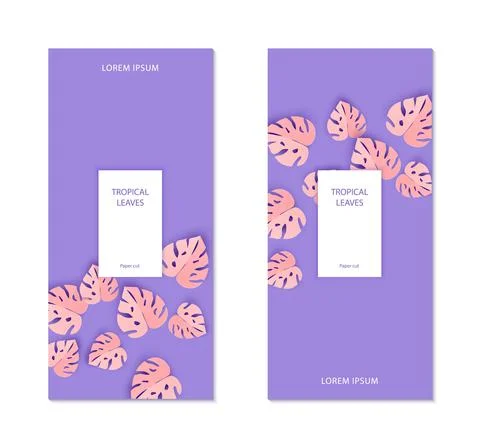 Two flayers template with abstract paper cut pink leaves for banner design Stock Illustration