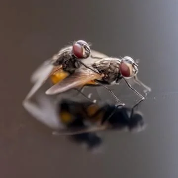 Two flies are standing on a table Stock-Fotos