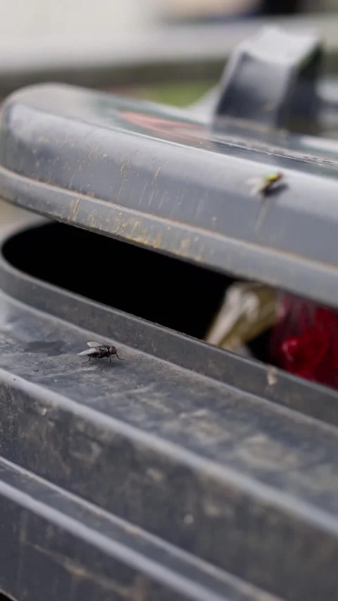 Two flies perched on the surface of a trash bin lid represent urban decay as Stock Footage 312745742