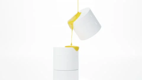 Two floating cosmetic jars and liquid honey cream flowing from above 3D render Stock Footage 228083732