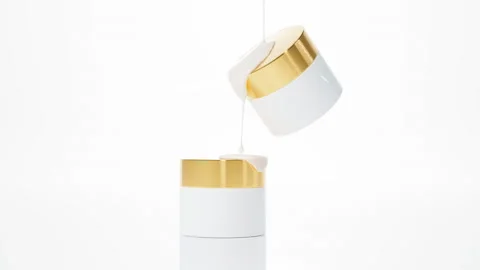 Two floating cosmetic jars and liquid cream flowing from above 3D render on Stockbeeldmateriaal 228084734