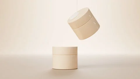 Two floating cosmetic jars and liquid cream flowing from above 3D render on Stock Footage 228242474