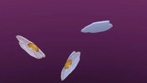 Two floating fried eggs against purple background. 3d rendering Stock Footage 341999882
