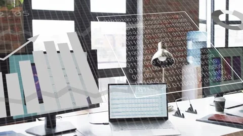 Two floating gray pie charts appearing, data visuals sliding over workstation, Stock Footage 335235237