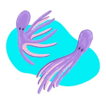 Two floating octopus on a blue background. Print design. Vector illustration Stock Illustration