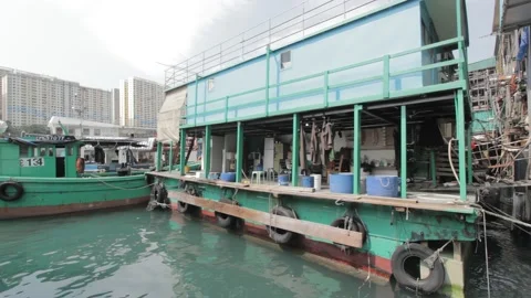Two Floor Floating Fish Processing Facility in Aberdeen, Hong Kong Stock Footage 230189423