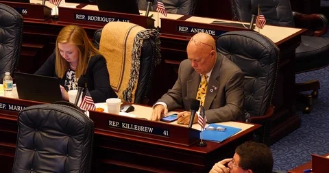 Two Florida state representatives at desks during floor debate 2019 session Stock Footage 107597094