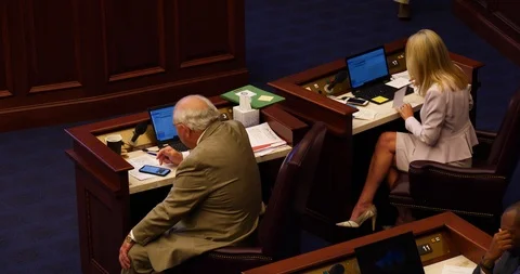 Two Florida state senators at desks during floor debate 2019 legislative session Stock Footage 107598019