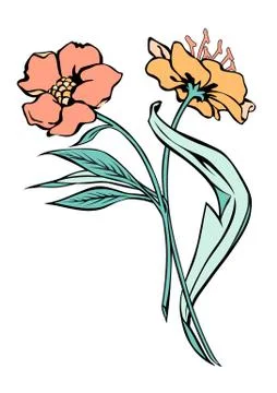 Two flowers. Vector black contour with fill isolated on white background Stock-Illustration