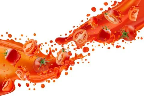 Two flows of bright red fresh tomato juice pour and connect in air with flyin Stock Photos