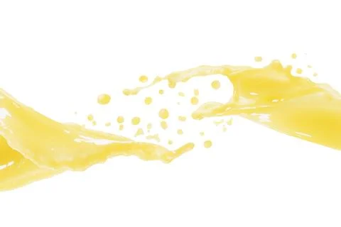 Two flows of orange juice fly, try to join and touch each other in horizontal Stock Photos