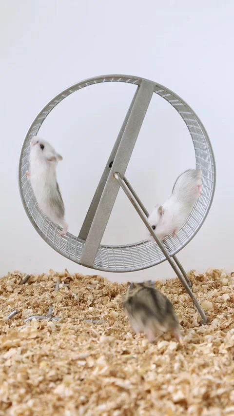 Two fluffy hamsters crawl on the wheel. Charming white mice run around the wheel Vidéo 220345832