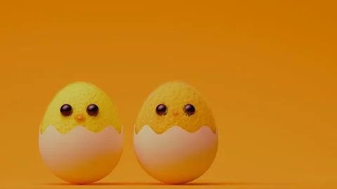 Two fluffy yellow chicks hatching from eggshells.... Illustrazione stock
