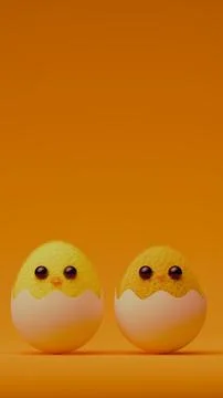 Two fluffy yellow chicks hatching from eggshells.... Illustrazione stock