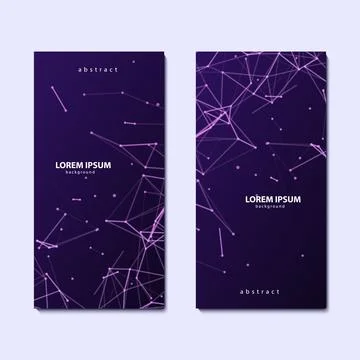 Two flyers with abstract plexus violet background with purple connected lines Stock Illustration