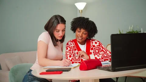 Two focused students share knowledge and collaborate on academic work Stock Footage 310277838