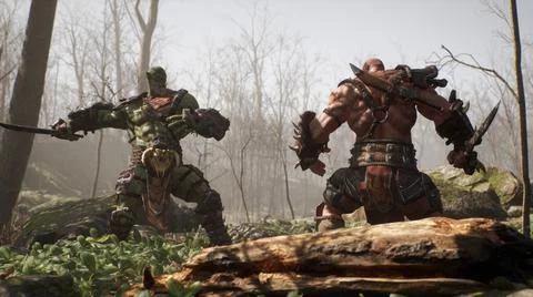 Two formidable orc warriors fight in a battle in a fairy-tale summer forest Stock Illustration