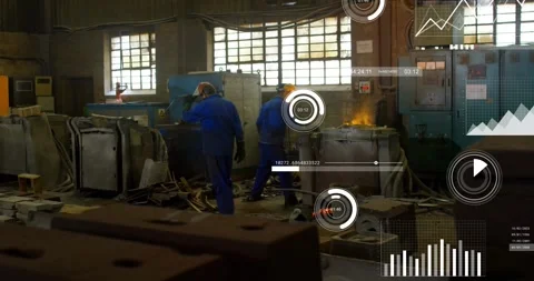 Two foundry workers tending molten metal at furnace, panel sending overlays over Stock Footage 330717768