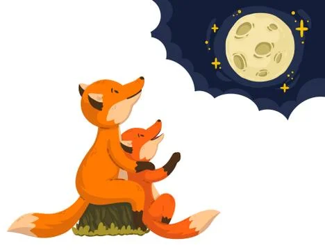 Two foxes are looking at the moon in the clouds. Cartoon forest animals paren Stock Illustration