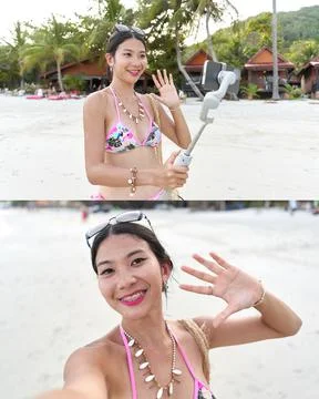 Two-frame photo of a streamer broadcasting live from a beach Stock Photos