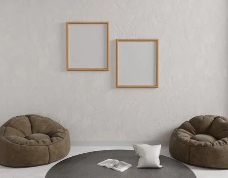 Two framed prints on a light beige wall, with brown beanbag chairs, a gray .. Stock Illustration
