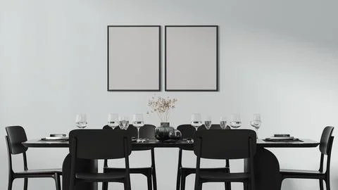 Two frames mock up above a beautiful dining table setted with cutlery, plat.. Ilustración de archivo