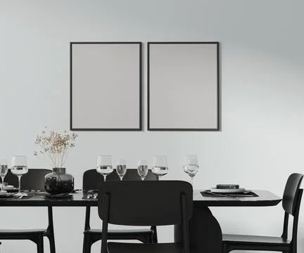 Two frames mock up above a beautiful dining table setted with cutlery, plat.. Ilustración de archivo