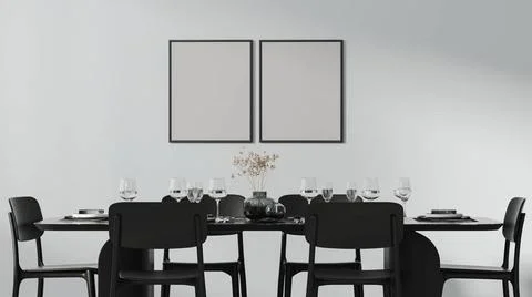 Two frames mock up above a beautiful dining table setted with cutlery, pla... 스톡 사진