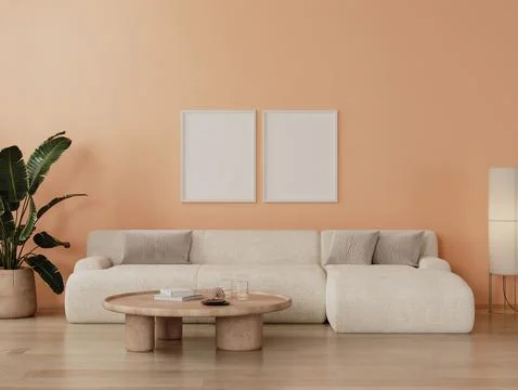 Two frames mock up in modern living room interior in peach fuzz color, 3d ren Stock-Illustration