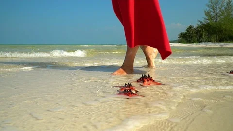 Two frames in video. Tropical white sand with red starfish in clear water Stock Footage 87529327