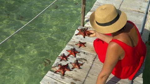 Two frames in video. The woman in a red dress sits on a pier and considers red Stock Footage 87520316