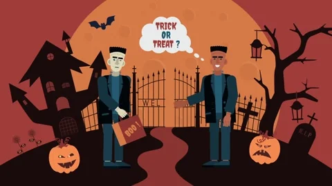 Two Frankenstein monsters trick-or-treating at a haunted house on Halloween.. Stock Footage 318346122