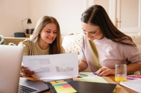 Two freelancer Friends Analyzing Data and Discussing Work at Home, studying Stock Photos