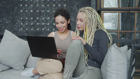 Two freelancer girls working on computer project at home Stock Footage 156210253