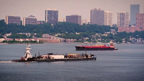Two freight boats on the Hudson River Stock Footage 93852432